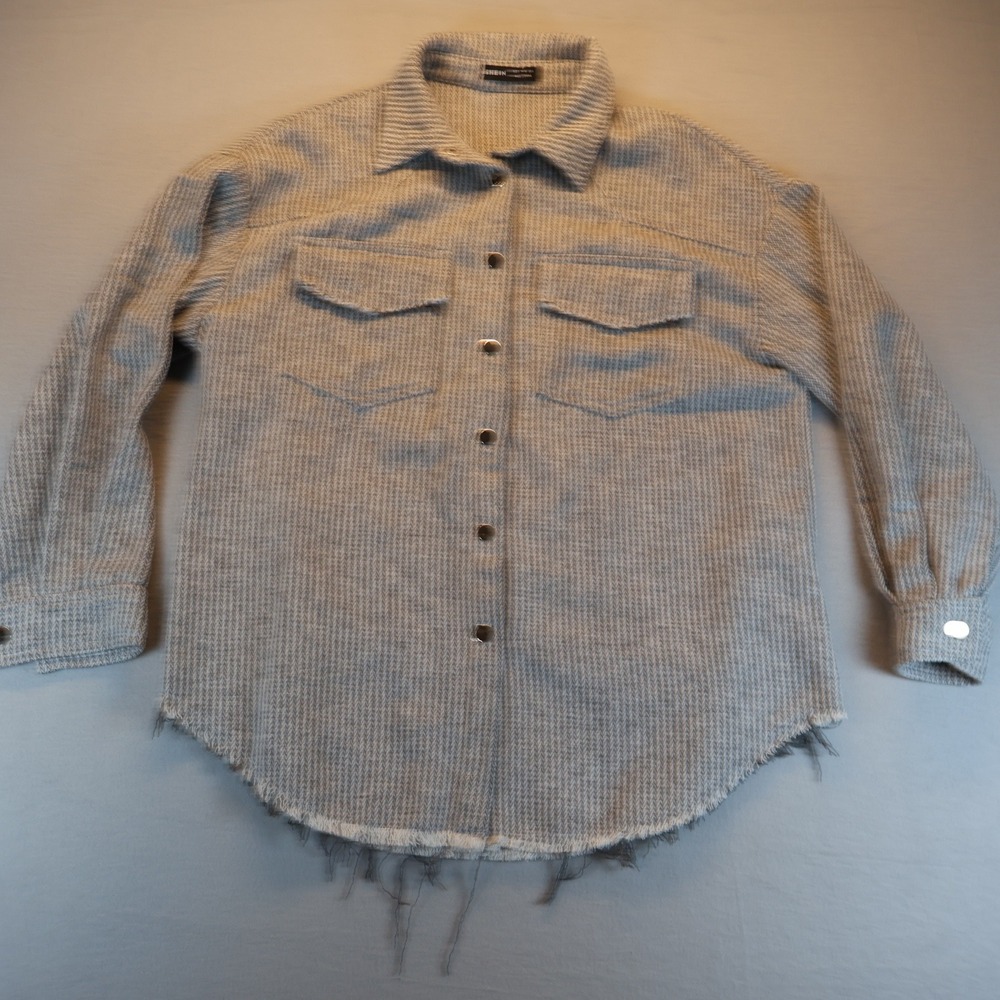 SHEIN Womens Grey Chevron Shacket Frayed Hem Button Down Shirt Jacket Size S